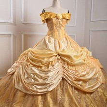 Beauty and the Beast Belle dress costume hire gold ballgown and blue village dress